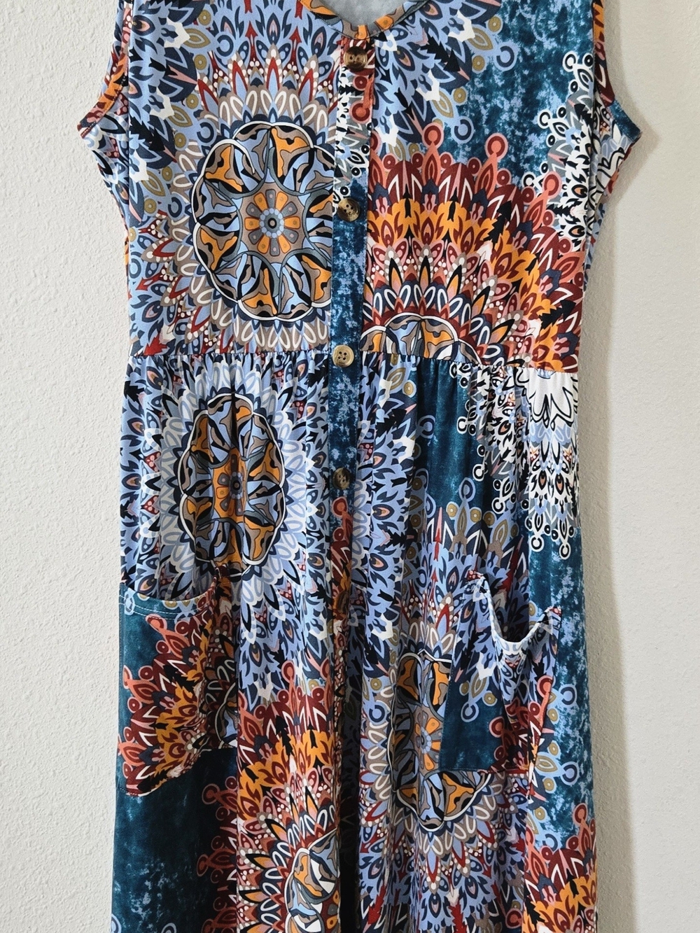 Boho Mandala Print Sleeveless Midi Dress with Pockets - Size L